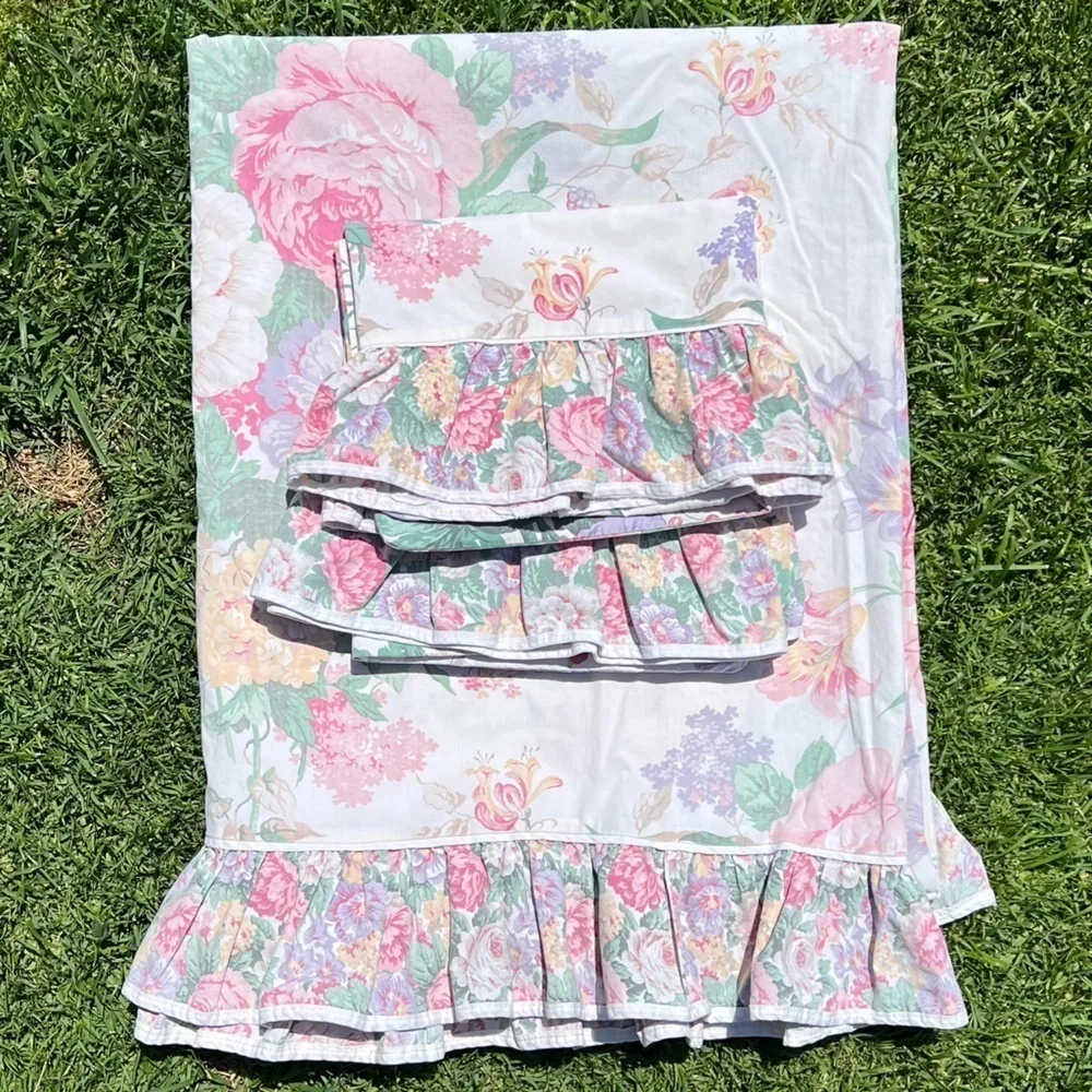 VTG Fieldcrest Country Floral Cottage Rose Ruffled 3-Piece Sheet Set Twin USA